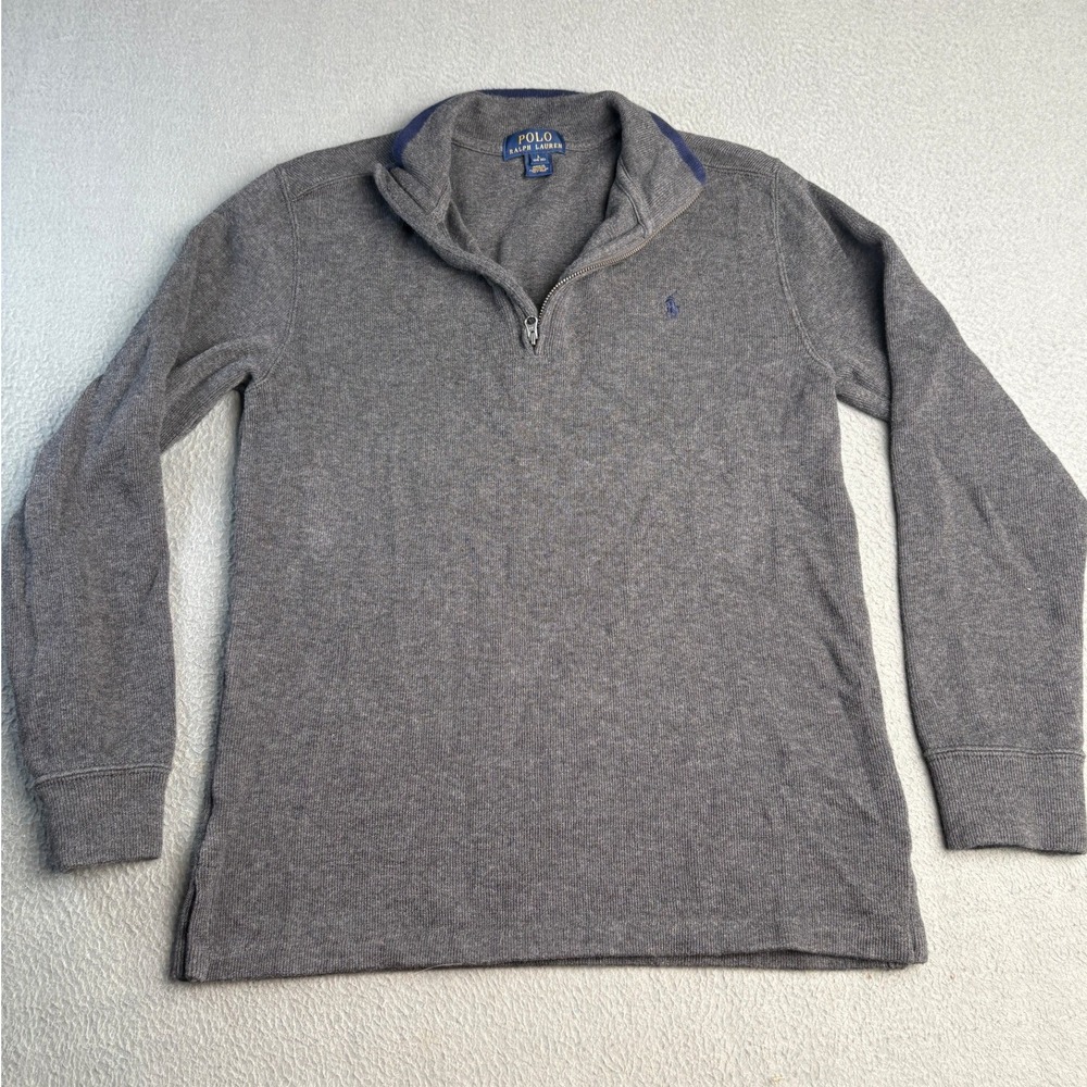 Polo Ralph Lauren Boys Gray Cotton Ribbed Quarter Zip Pullover Sweater L 14-16